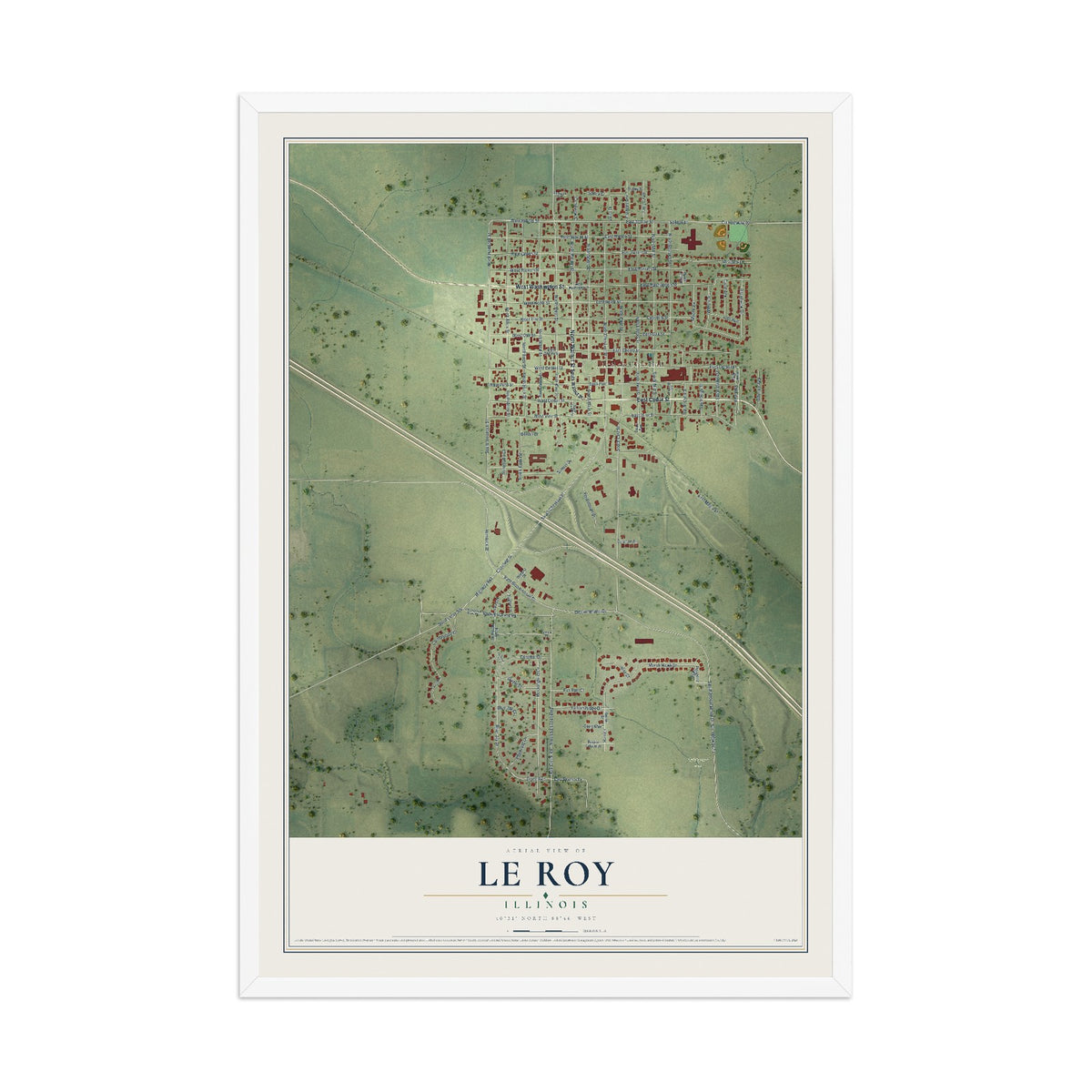 Map of Le Roy, Illinois, 12 x 18 inch print in a white wood frame