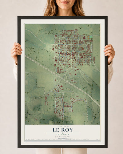 Map of Le Roy, Illinois, 24 x 36 inch print in a black wood frame