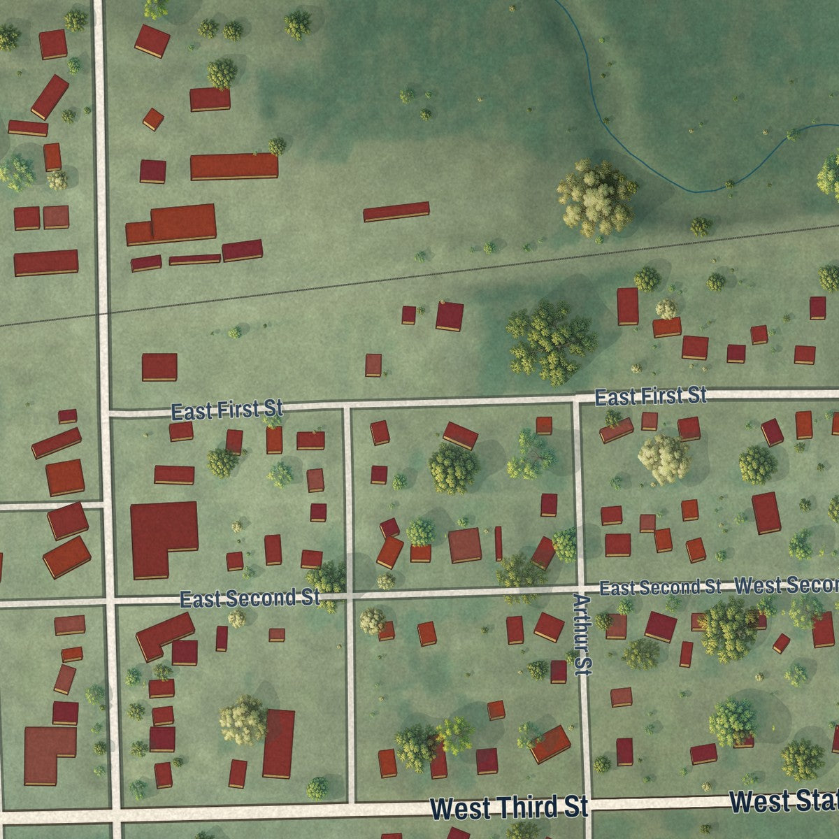 Close-up of the map of Leaf River, Illinois print showing street and building detail