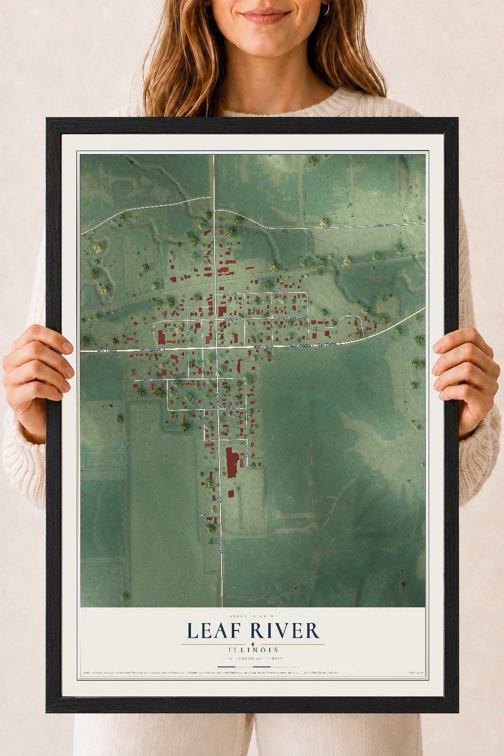 Map of Leaf River, Illinois, 18 x 24 inch print in a black wood frame