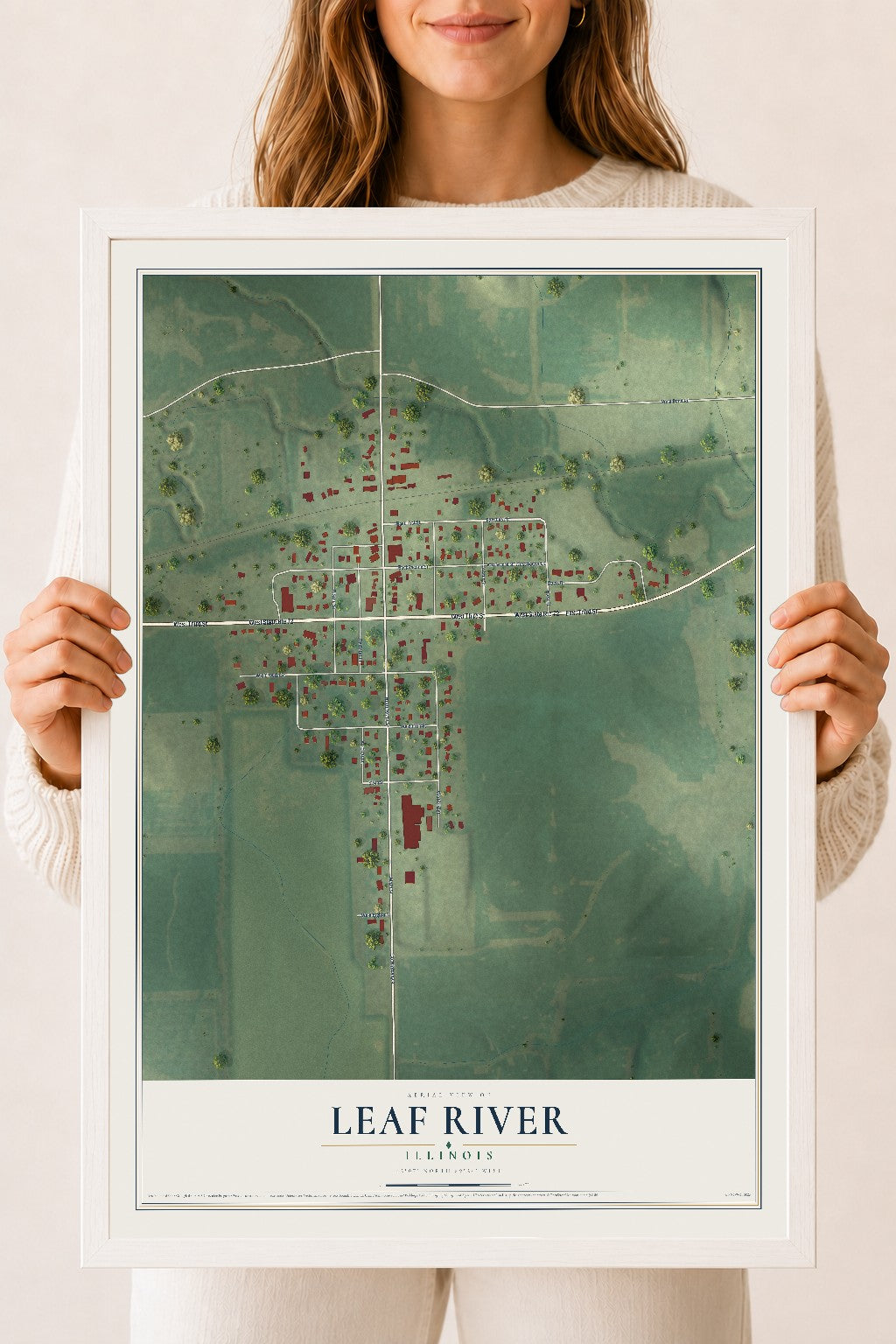 Map of Leaf River, Illinois, 18 x 24 inch print in a white wood frame