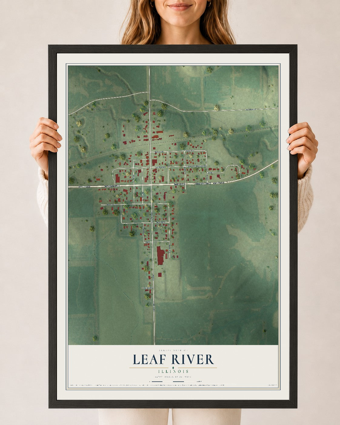 Map of Leaf River, Illinois, 24 x 36 inch print in a black wood frame