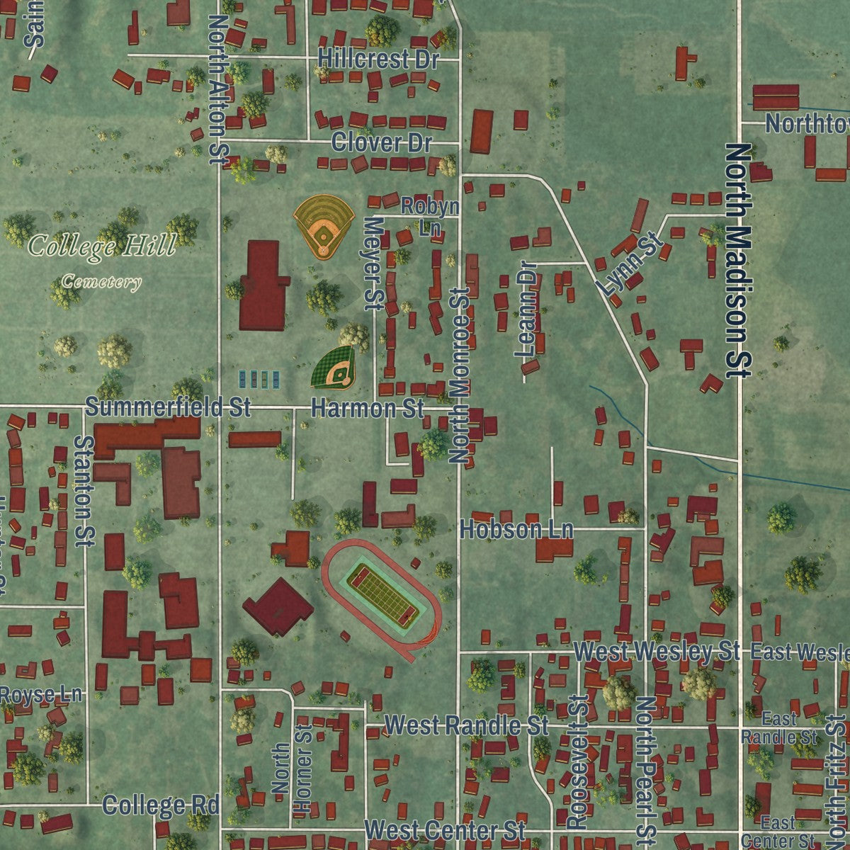 Second close-up of the map of Lebanon, Illinois print showing more streets and buildings