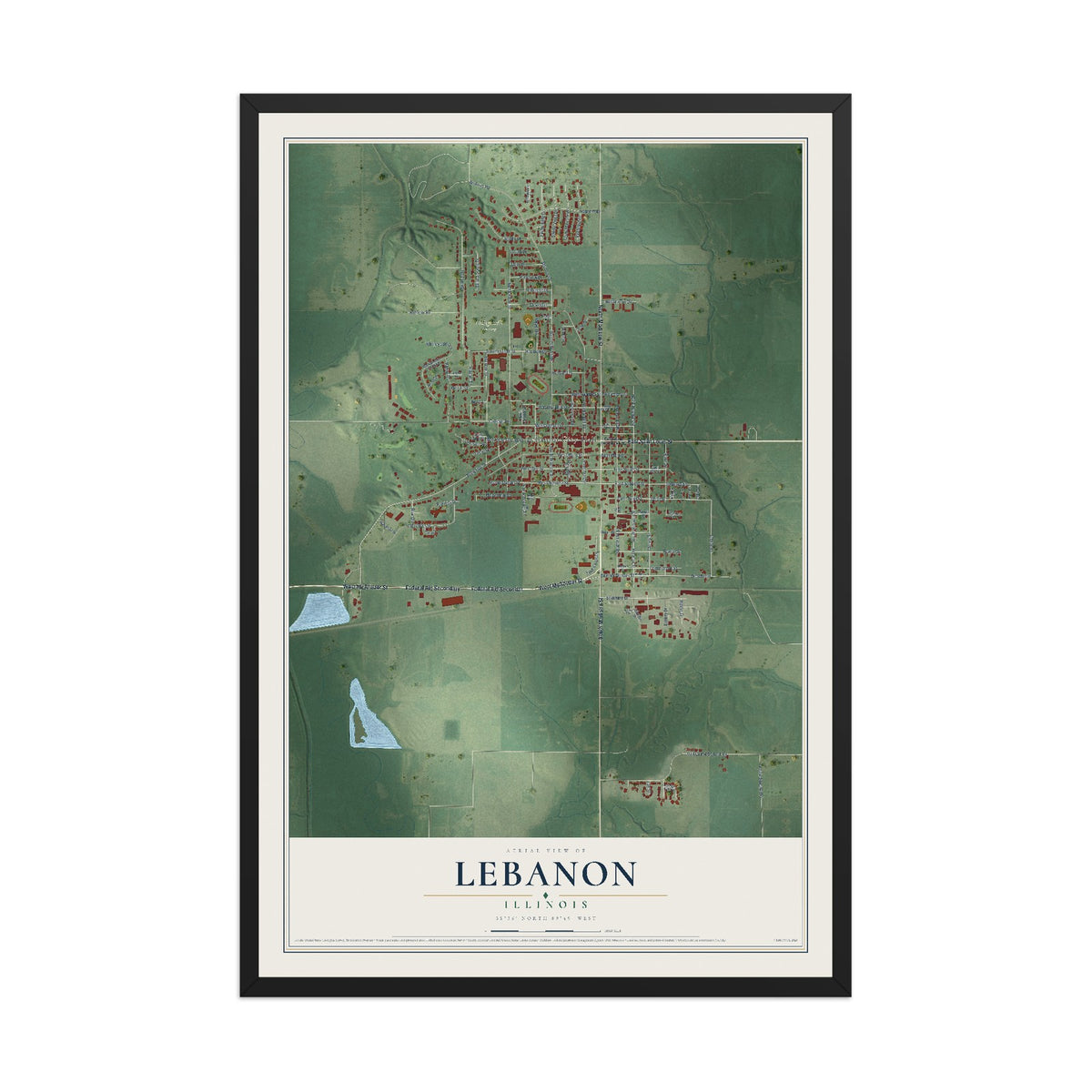 Map of Lebanon, Illinois, 12 x 18 inch print in a black wood frame