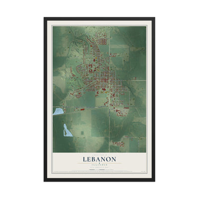 Map of Lebanon, Illinois, 12 x 18 inch print in a black wood frame