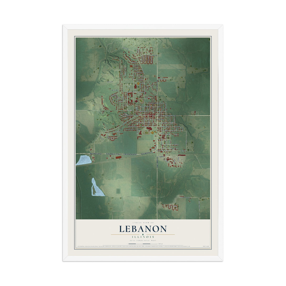 Map of Lebanon, Illinois, 12 x 18 inch print in a white wood frame