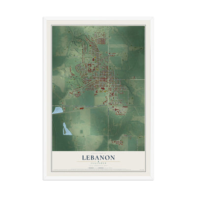 Map of Lebanon, Illinois, 12 x 18 inch print in a white wood frame