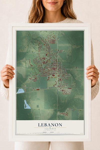 Map of Lebanon, Illinois, 18 x 24 inch print in a white wood frame