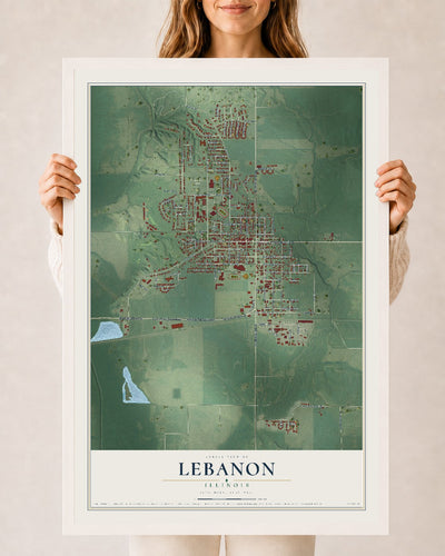 Map of Lebanon, Illinois, 24 x 36 inch print in a white wood frame