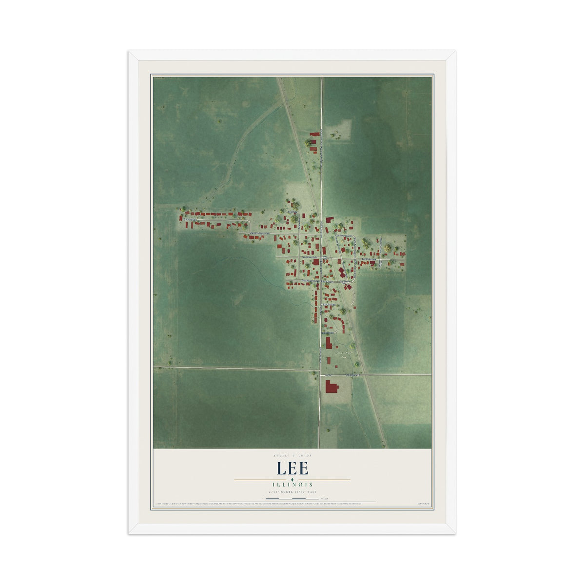 Map of Lee, Illinois, 12 x 18 inch print in a white wood frame