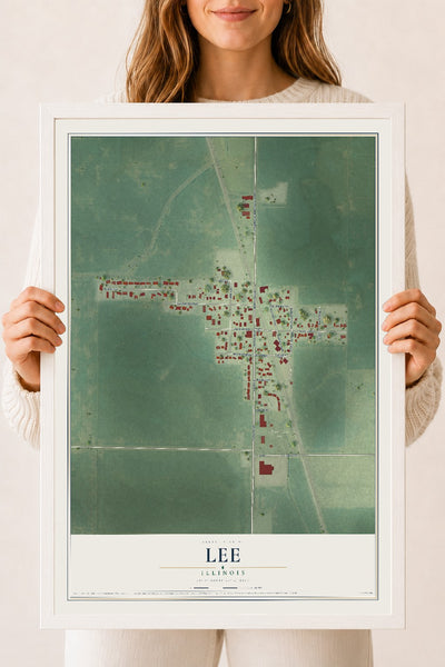Map of Lee, Illinois, 18 x 24 inch print in a white wood frame