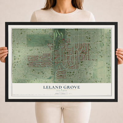 Map of Leland Grove, Illinois, 18 x 24 inch print in a black wood frame