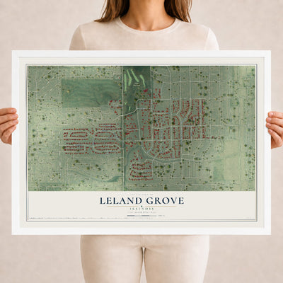 Map of Leland Grove, Illinois, 18 x 24 inch print in a white wood frame