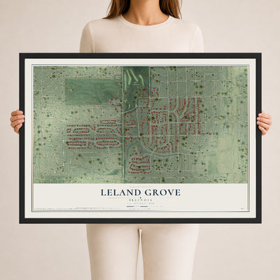 Map of Leland Grove, Illinois, 24 x 36 inch print in a black wood frame