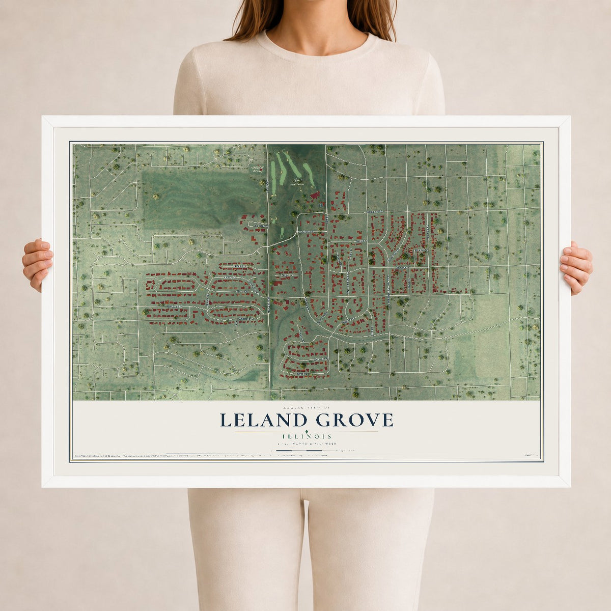 Map of Leland Grove, Illinois, 24 x 36 inch print in a white wood frame
