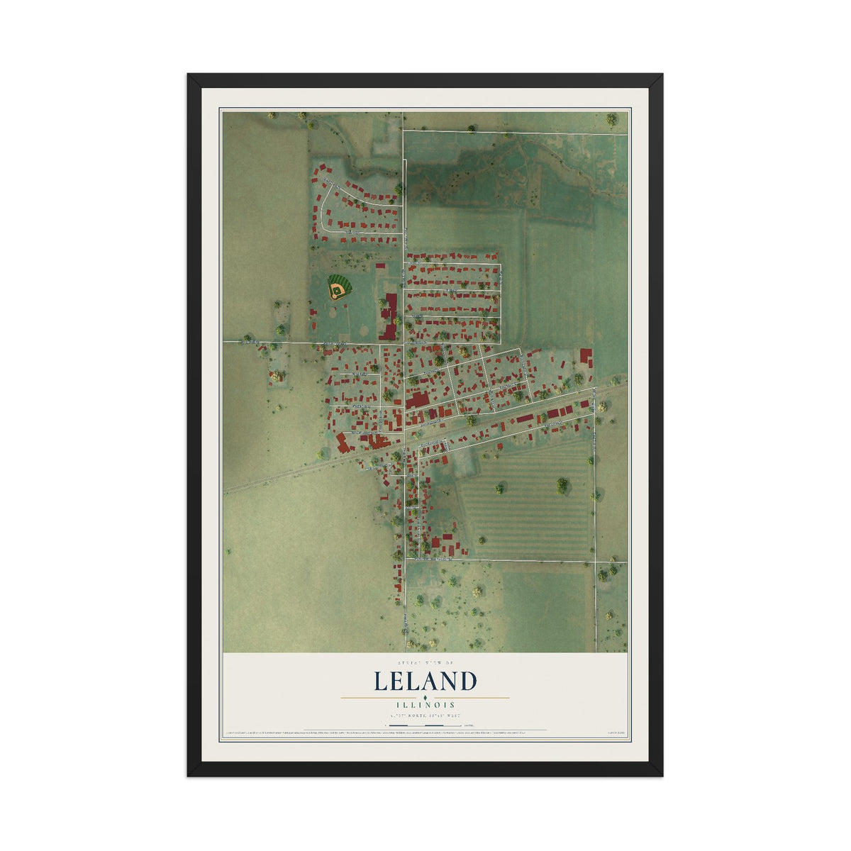 Map of Leland, Illinois, 12 x 18 inch print in a black wood frame