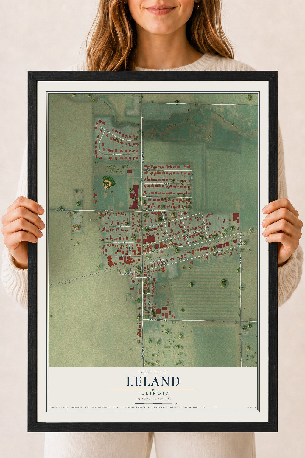 Map of Leland, Illinois, 18 x 24 inch print in a black wood frame