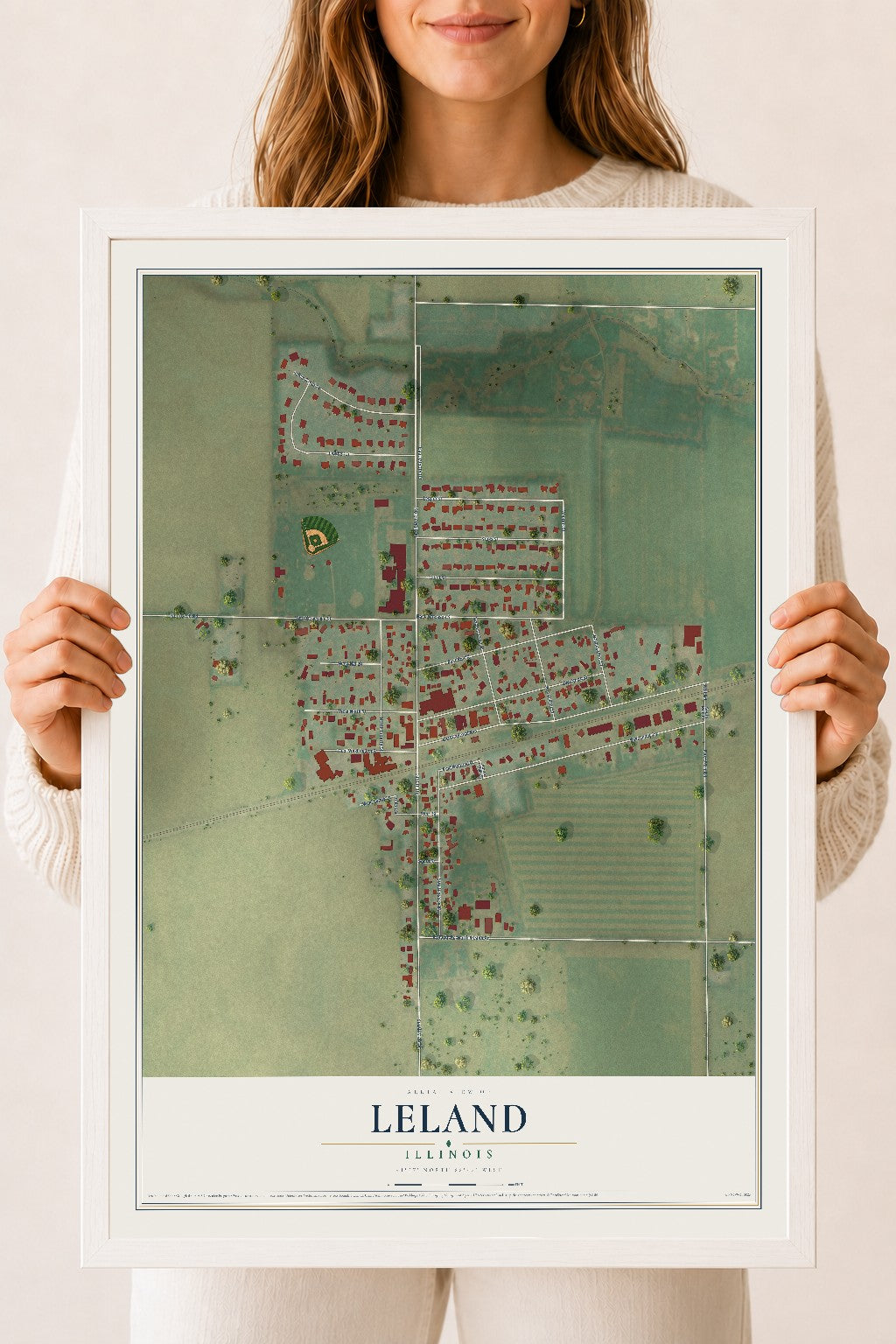 Map of Leland, Illinois, 18 x 24 inch print in a white wood frame