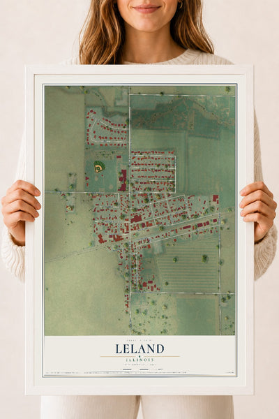 Map of Leland, Illinois, 18 x 24 inch print in a white wood frame