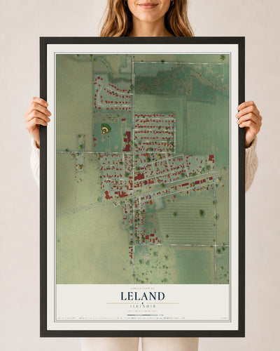 Map of Leland, Illinois, 24 x 36 inch print in a black wood frame