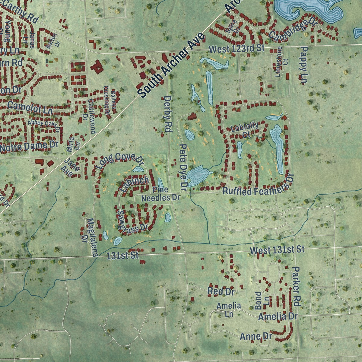 Second close-up of the map of Lemont, Illinois print showing more streets and buildings