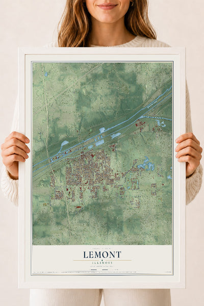 Map of Lemont, Illinois, 18 x 24 inch print in a white wood frame