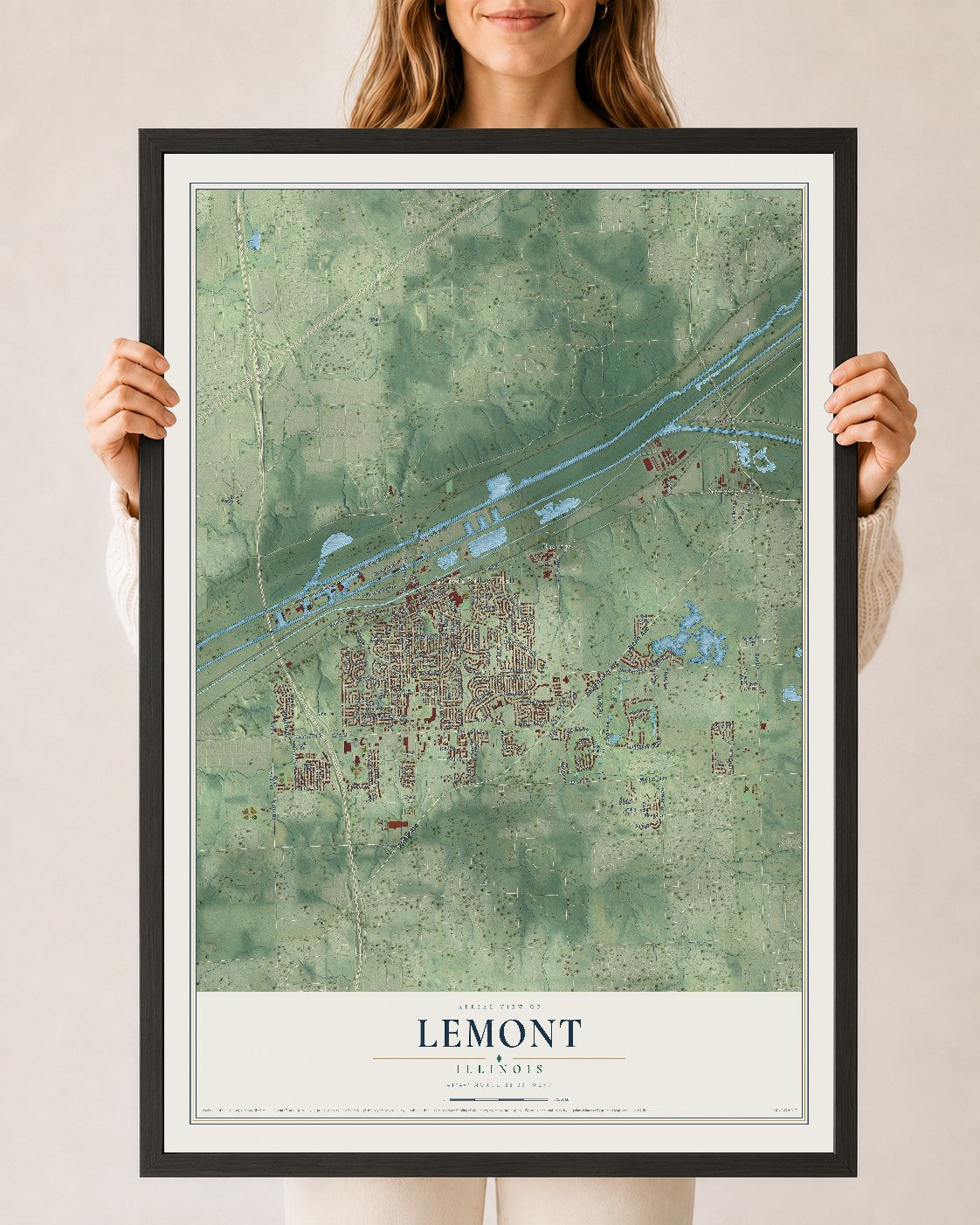 Map of Lemont, Illinois, 24 x 36 inch print in a black wood frame