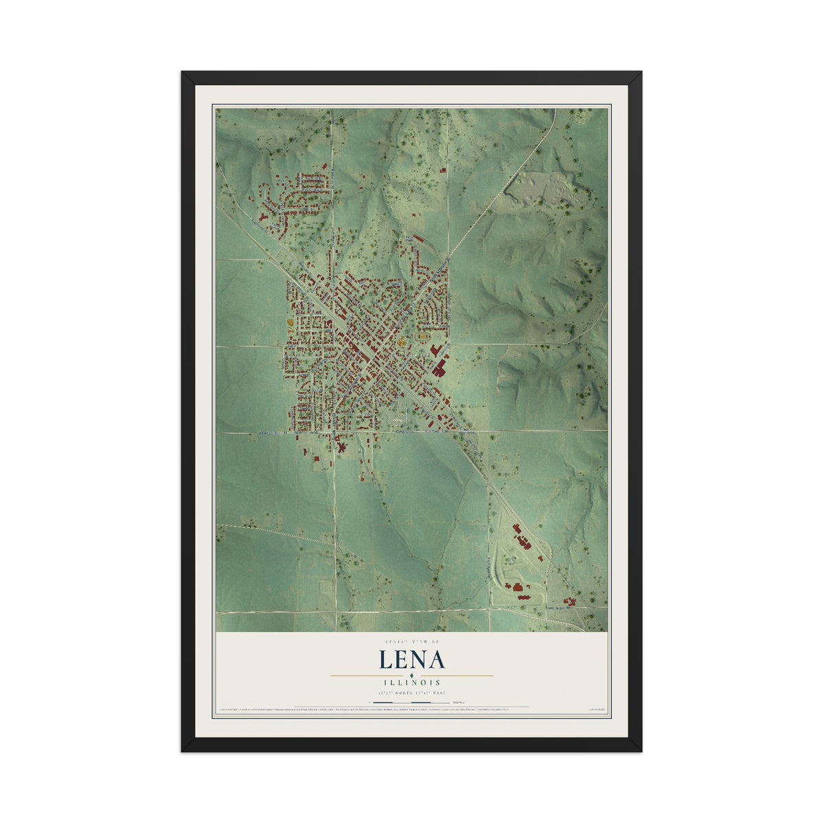 Map of Lena, Illinois, 12 x 18 inch print in a black wood frame