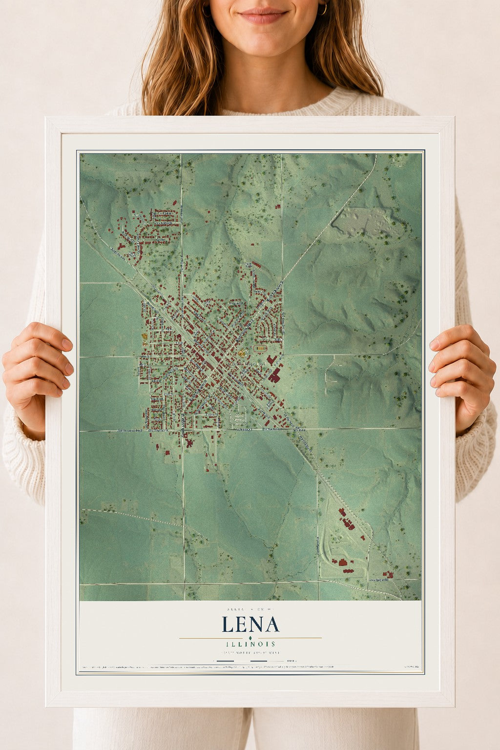 Map of Lena, Illinois, 18 x 24 inch print in a white wood frame