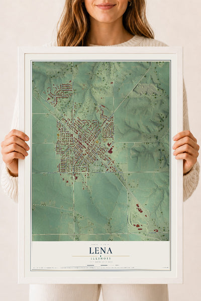 Map of Lena, Illinois, 18 x 24 inch print in a white wood frame