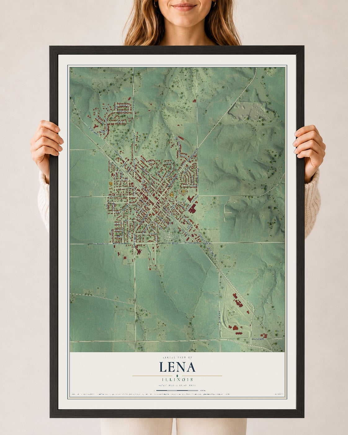 Map of Lena, Illinois, 24 x 36 inch print in a black wood frame