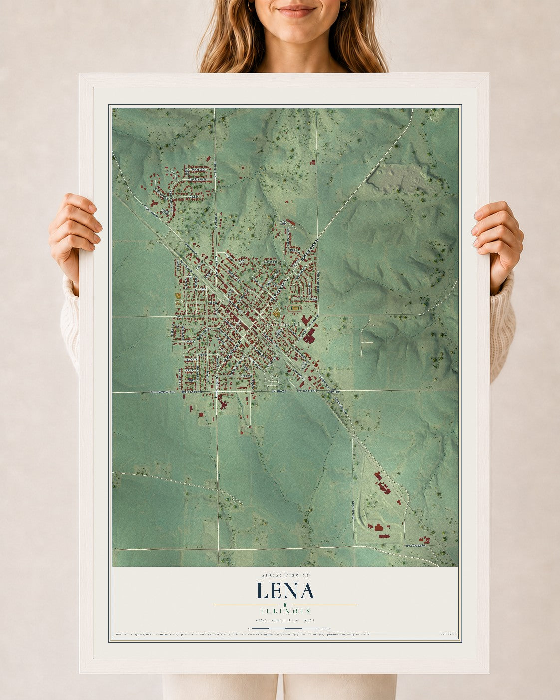 Map of Lena, Illinois, 24 x 36 inch print in a white wood frame