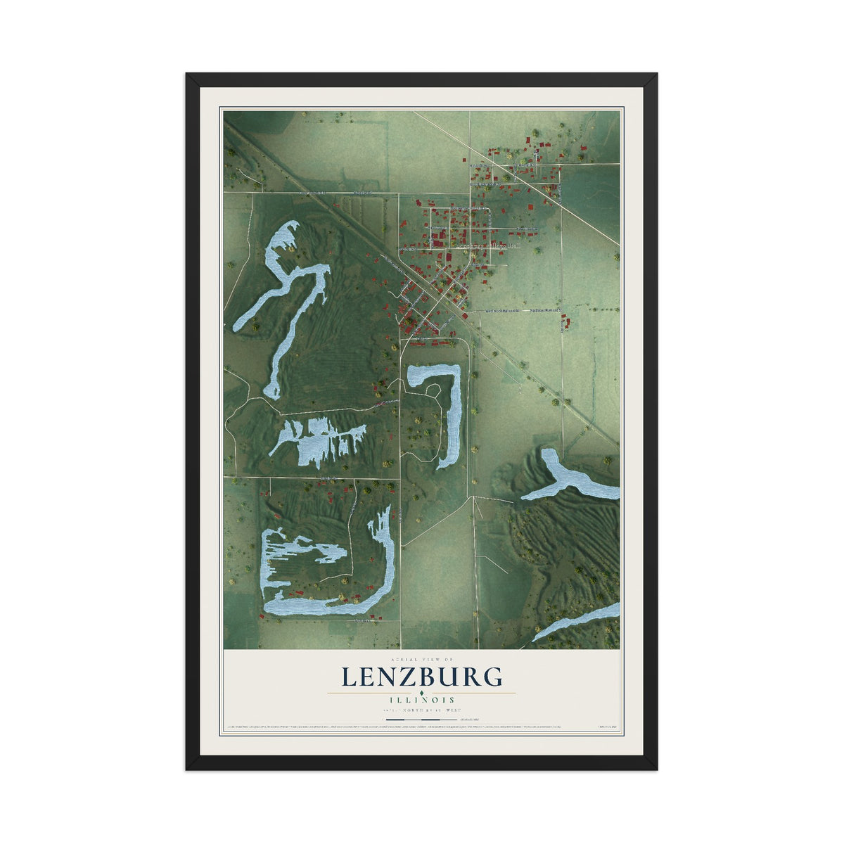 Map of Lenzburg, Illinois, 12 x 18 inch print in a black wood frame