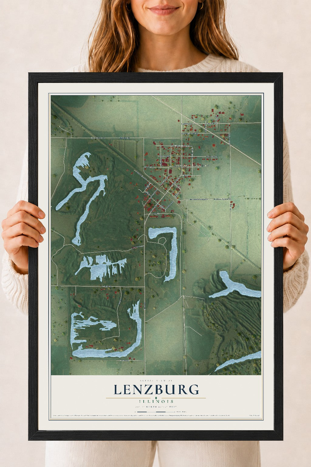 Map of Lenzburg, Illinois, 18 x 24 inch print in a black wood frame