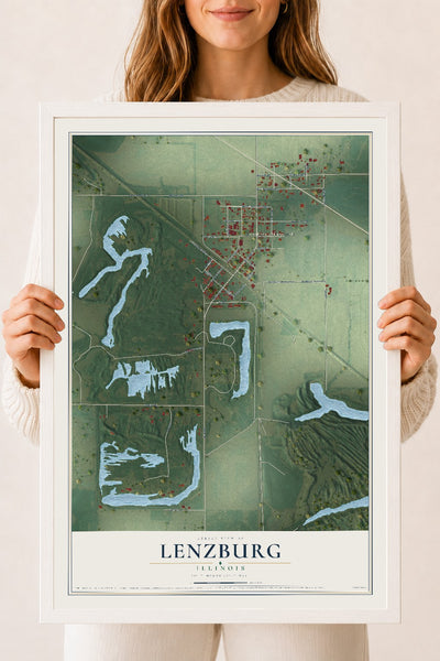 Map of Lenzburg, Illinois, 18 x 24 inch print in a white wood frame