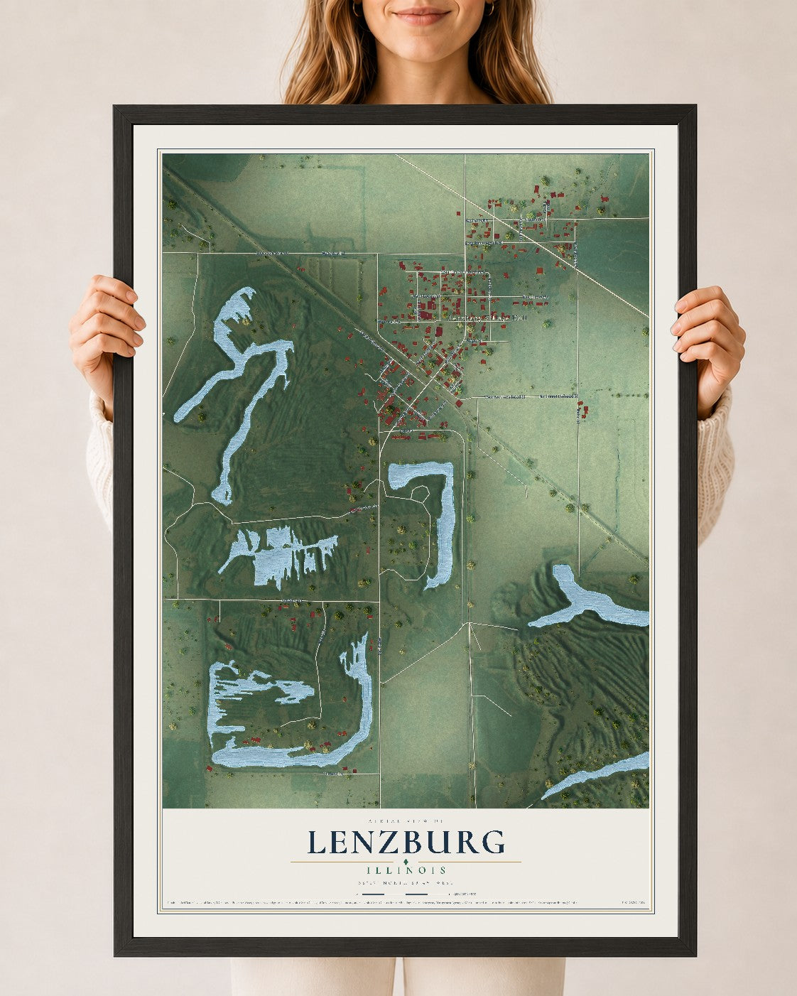 Map of Lenzburg, Illinois, 24 x 36 inch print in a black wood frame