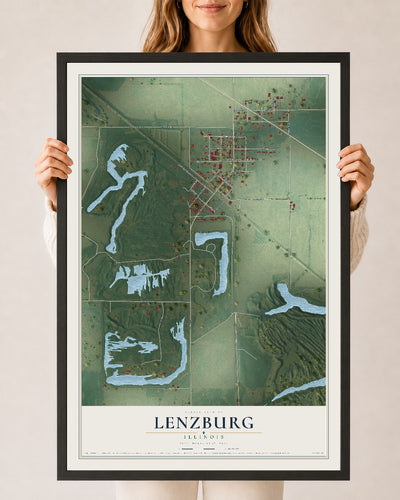 Map of Lenzburg, Illinois, 24 x 36 inch print in a black wood frame
