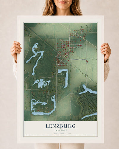 Map of Lenzburg, Illinois, 24 x 36 inch print in a white wood frame