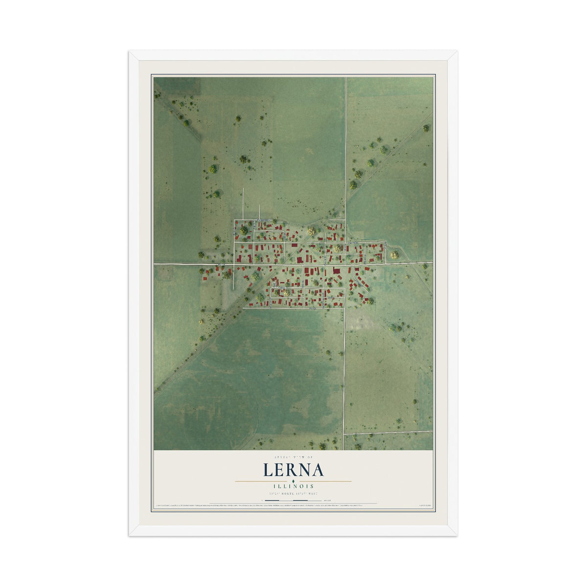 Map of Lerna, Illinois, 12 x 18 inch print in a white wood frame