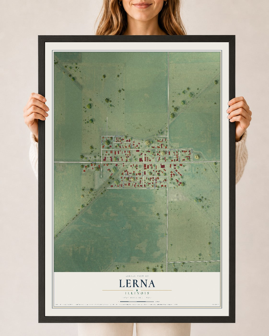 Map of Lerna, Illinois, 24 x 36 inch print in a black wood frame