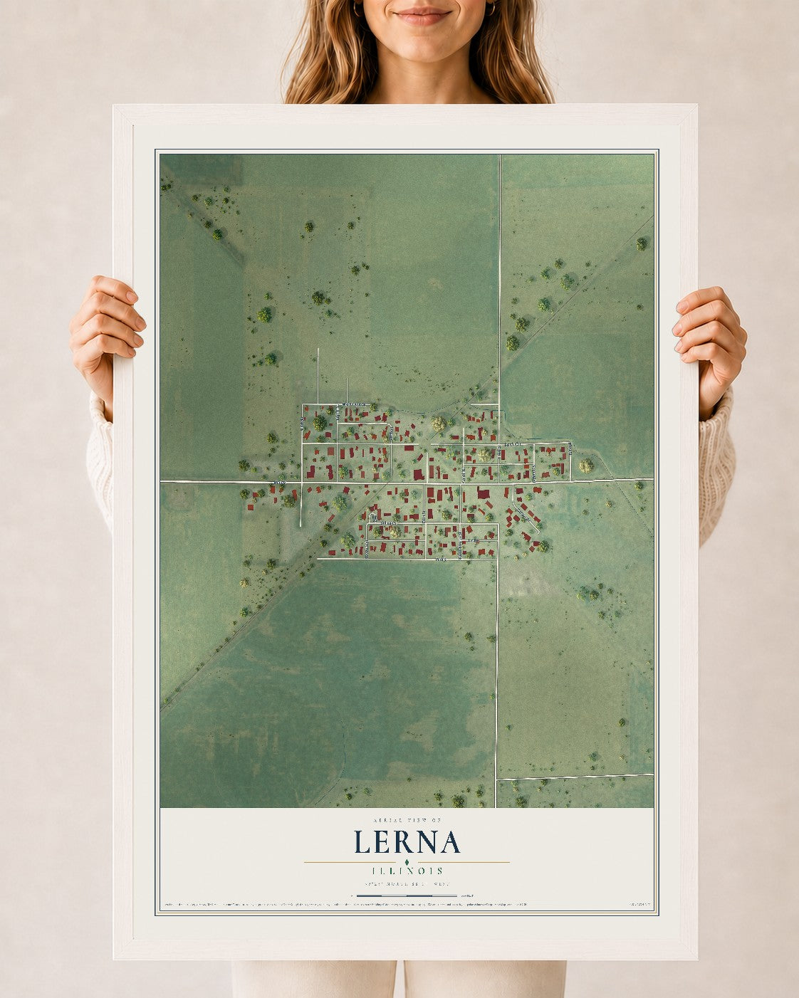 Map of Lerna, Illinois, 24 x 36 inch print in a white wood frame