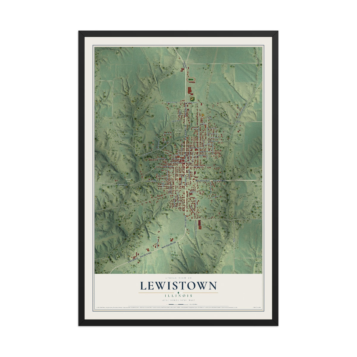 Map of Lewistown, Illinois, 12 x 18 inch print in a black wood frame