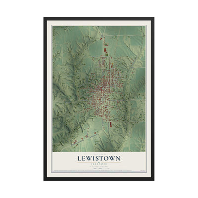 Map of Lewistown, Illinois, 12 x 18 inch print in a black wood frame