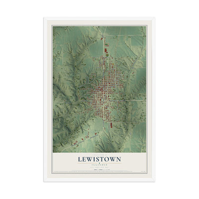Map of Lewistown, Illinois, 12 x 18 inch print in a white wood frame
