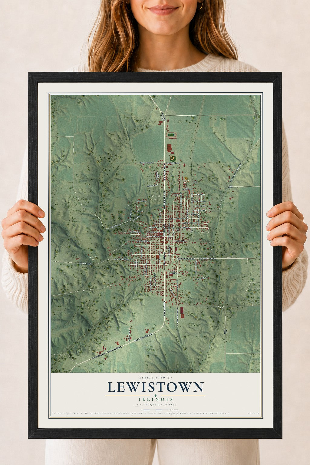 Map of Lewistown, Illinois, 18 x 24 inch print in a black wood frame