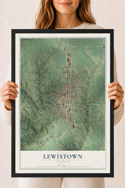 Map of Lewistown, Illinois, 18 x 24 inch print in a black wood frame