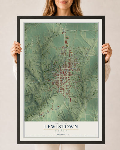 Map of Lewistown, Illinois, 24 x 36 inch print in a black wood frame