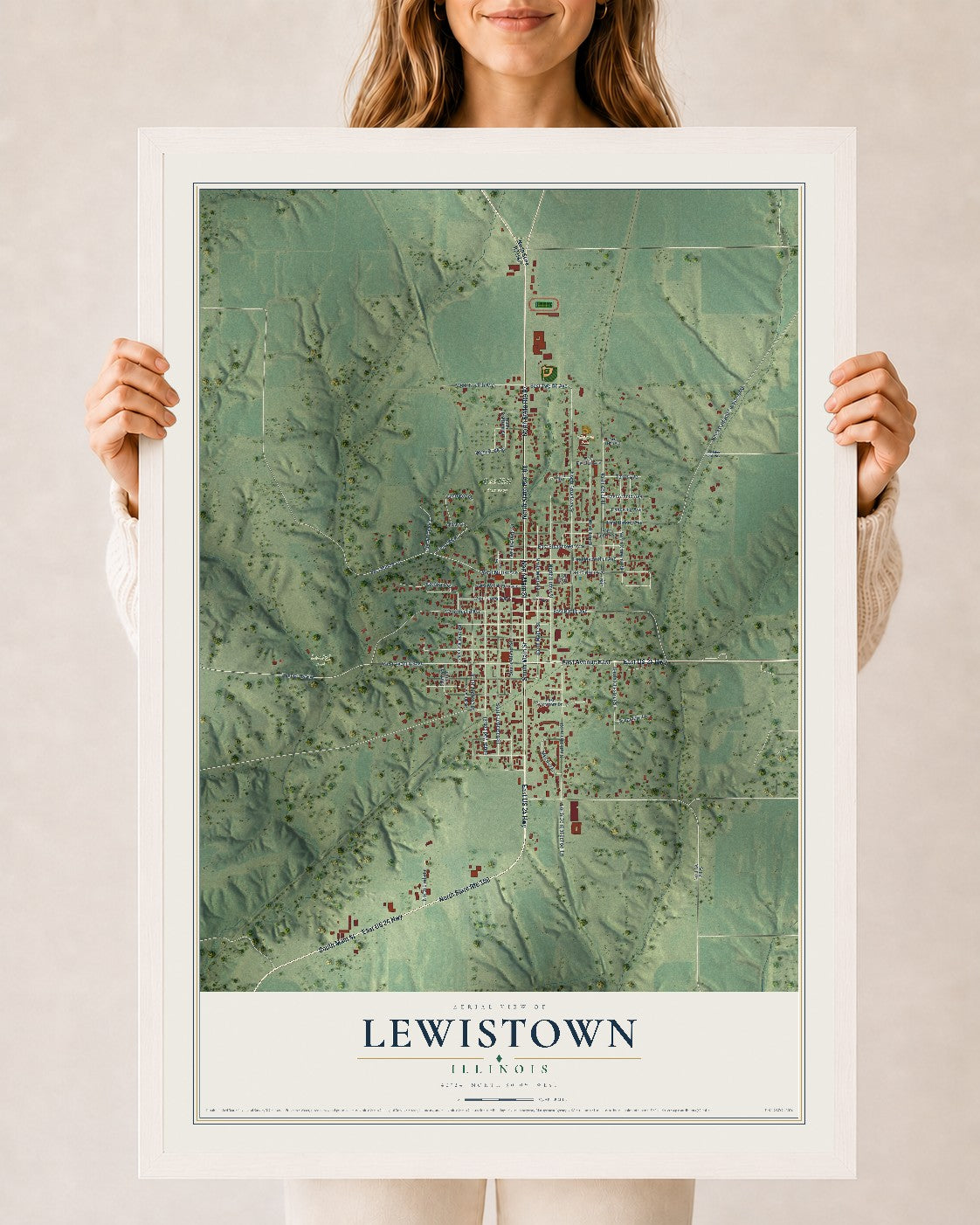 Map of Lewistown, Illinois, 24 x 36 inch print in a white wood frame