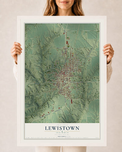 Map of Lewistown, Illinois, 24 x 36 inch print in a white wood frame