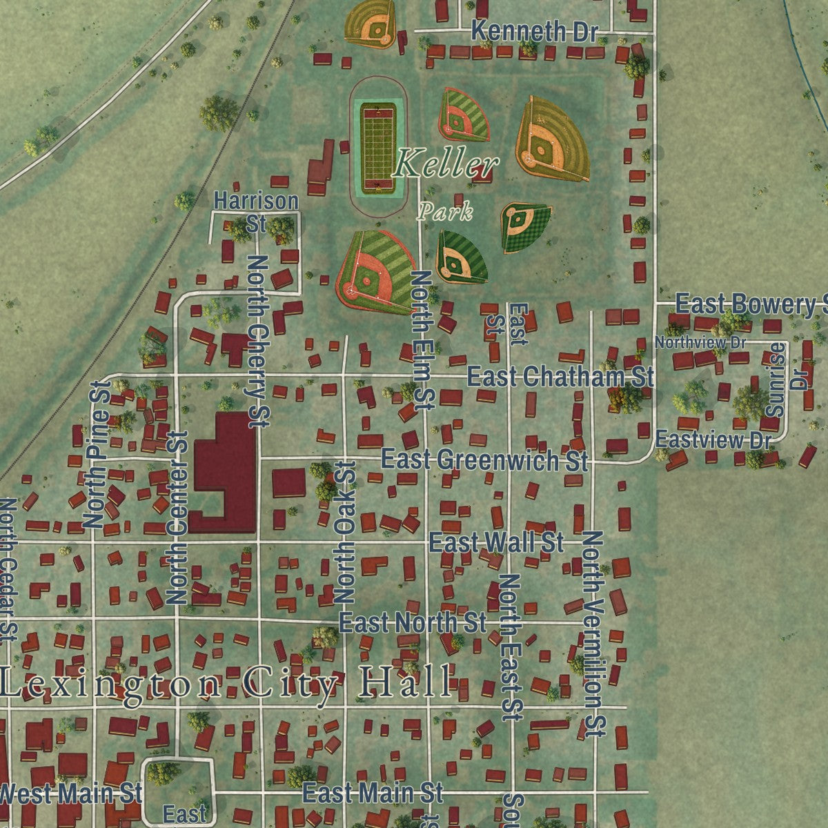 Close-up of the map of Lexington, Illinois print showing street and building detail